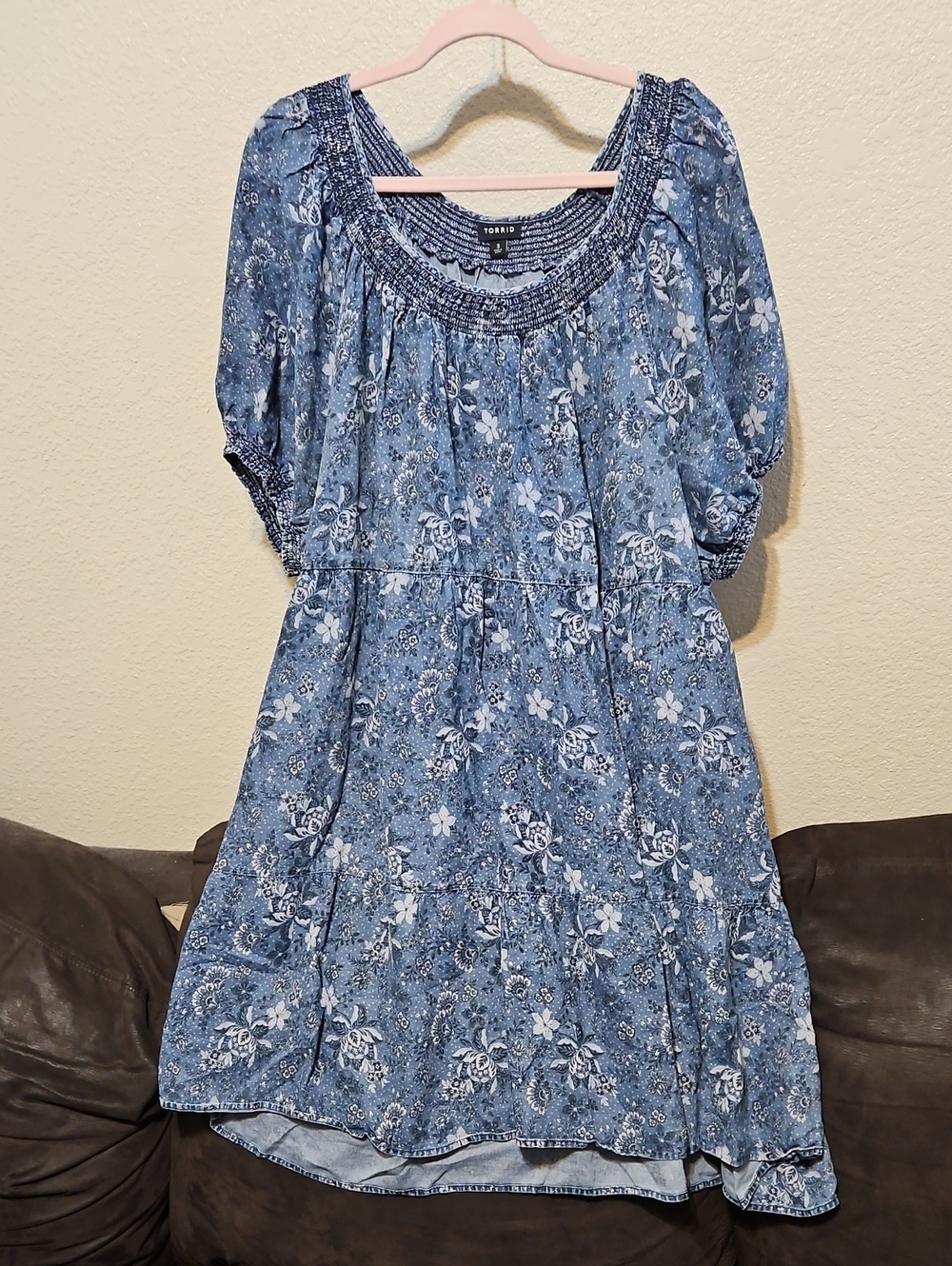 torrid Blue Chambray Floral Smocked Scoop Midi Dress